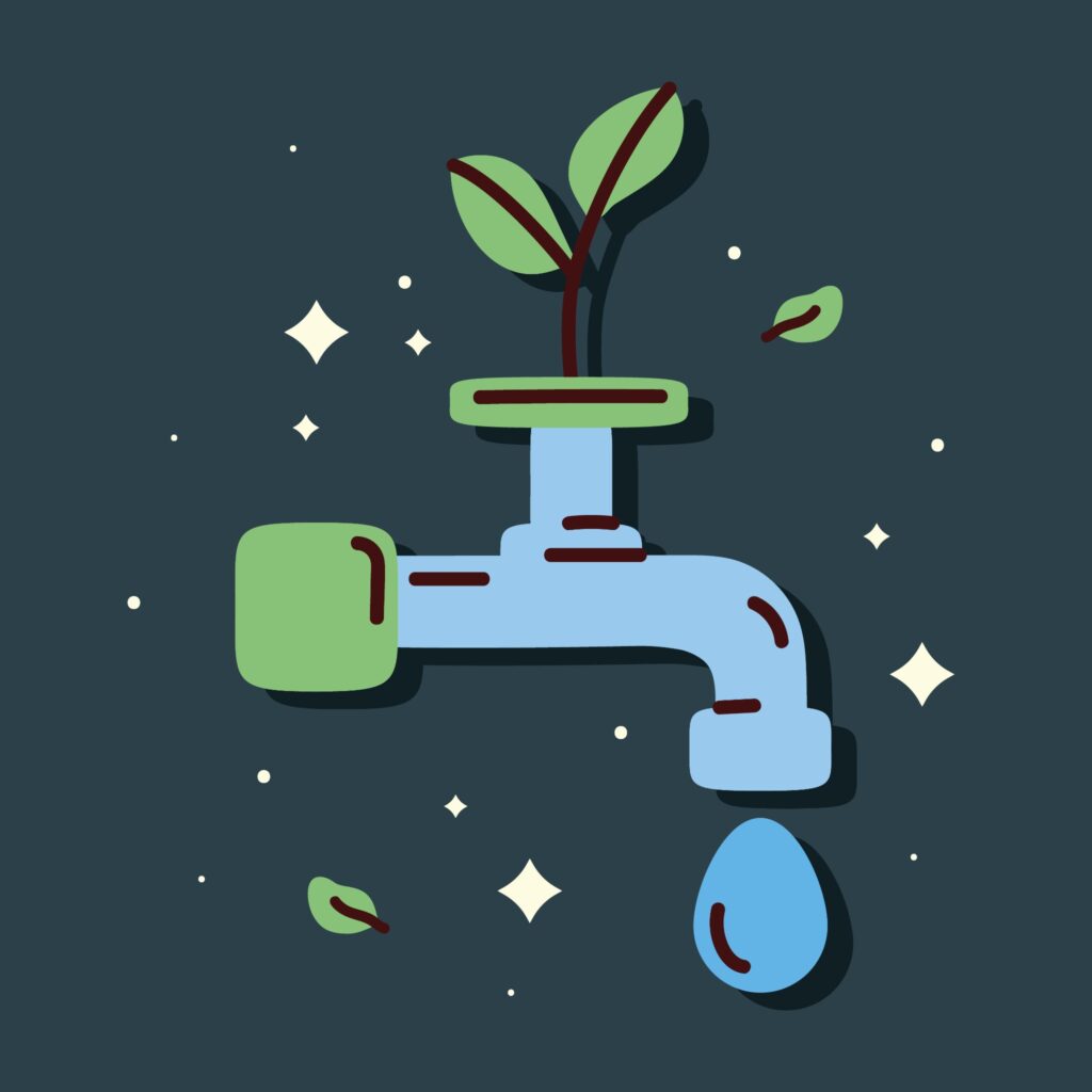 Pipe with a water droplet falling from faucet and plant growing the top