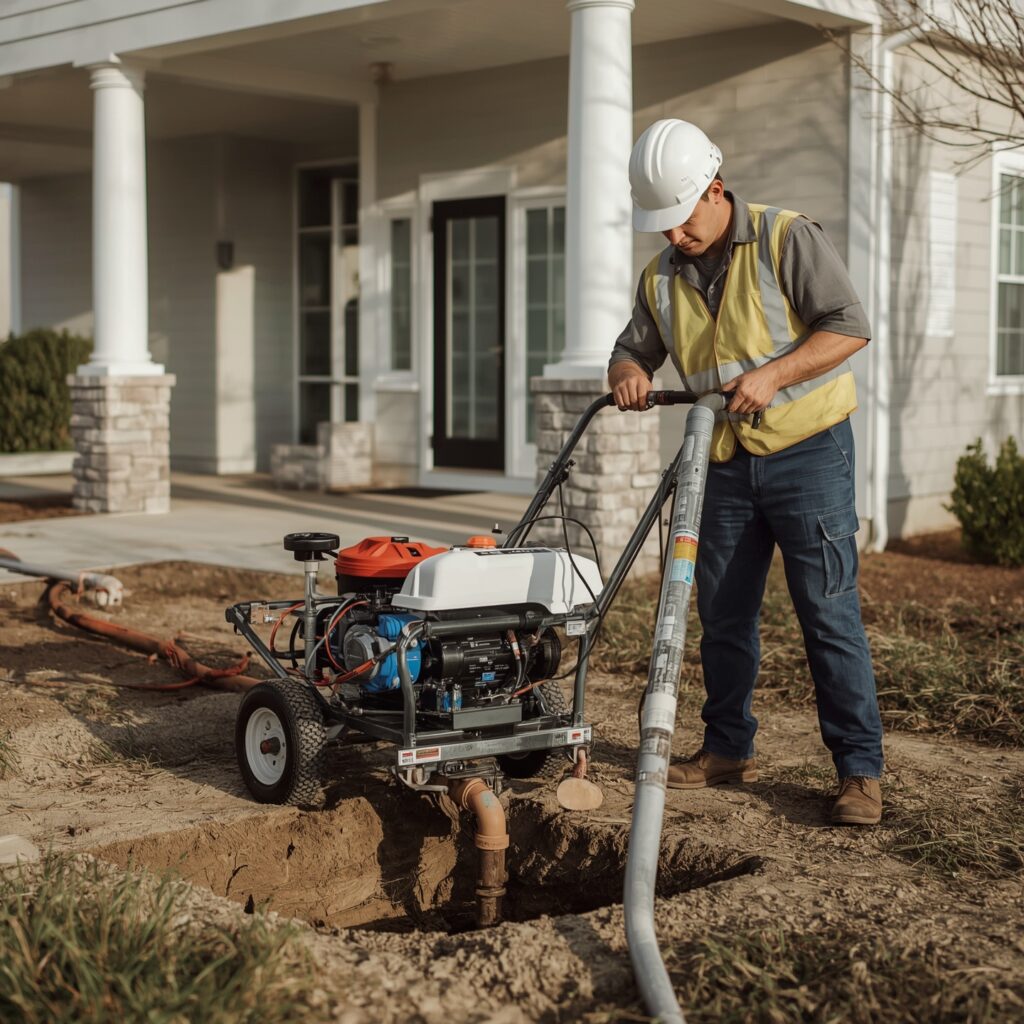 A professional Plumber digging a the ground with trenchless machie to fix the pipes undeneath