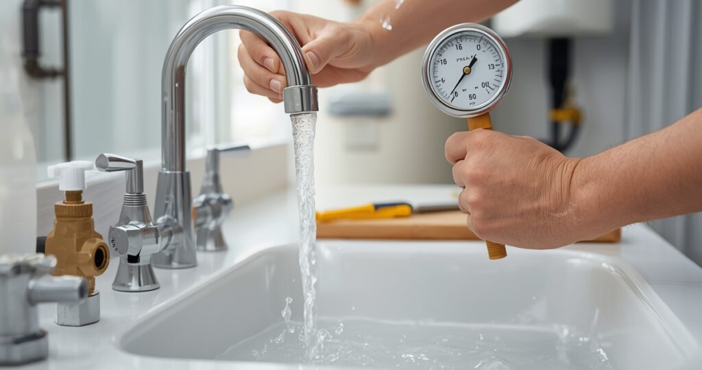 A Homeowner’s Guide to Understanding Water Pressure Problems 1 Lucid Origin A residential bathroom or kitchen scene where a h 1