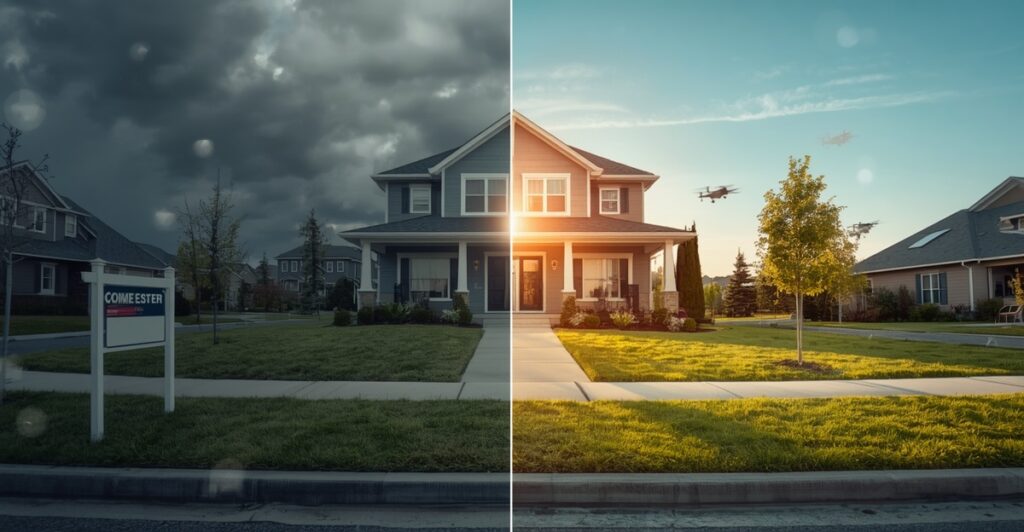 What Top-Producing Agents Do Differently With Their Listing Media 1 lucid origin A split scene high end real estate marketing comparison showing average agent 0